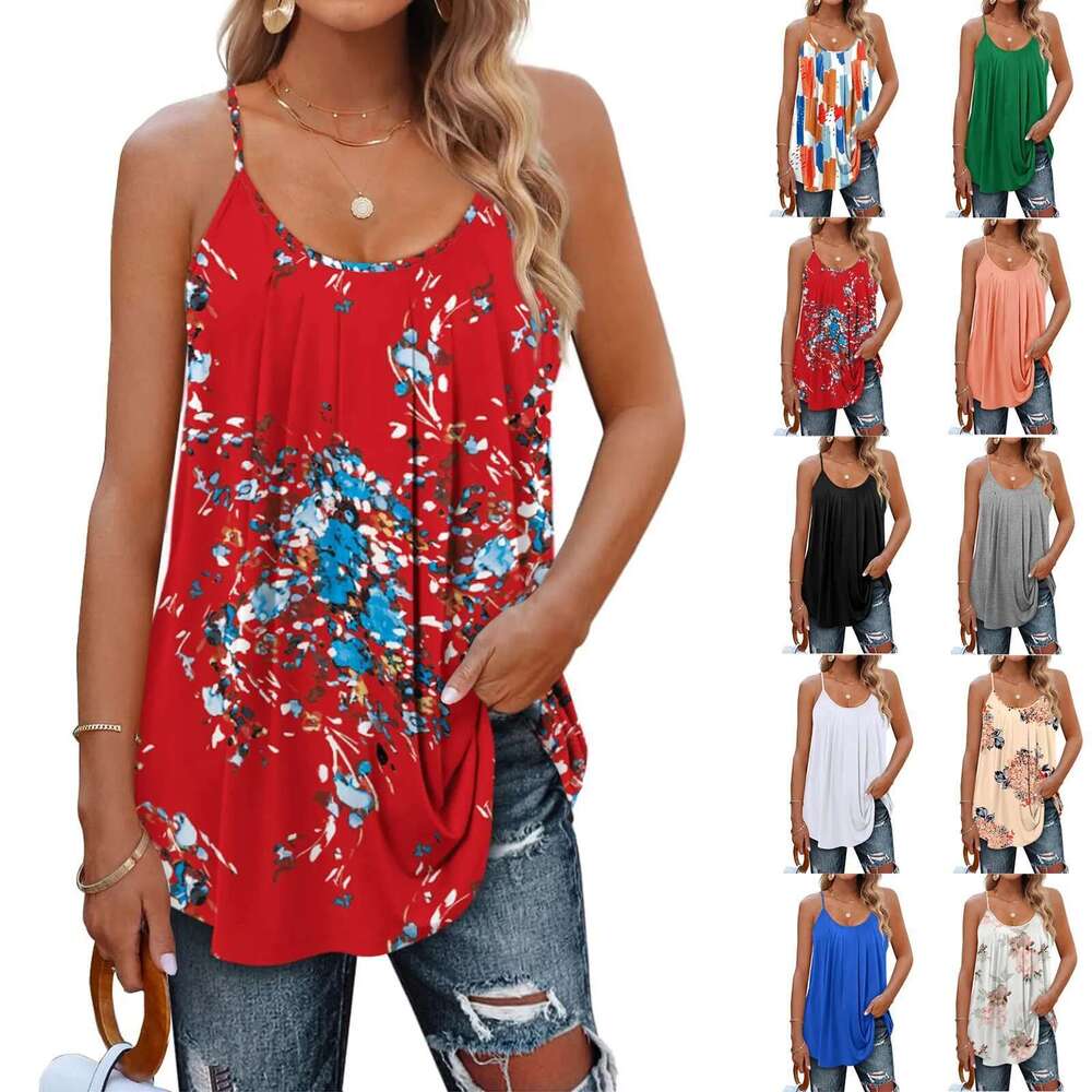 Casual Loose Women Shirts Spaghetti Strap Print Cute Tops Camisole Tee Tank Traf 2025 Mujer Sleeveless T-Shirt