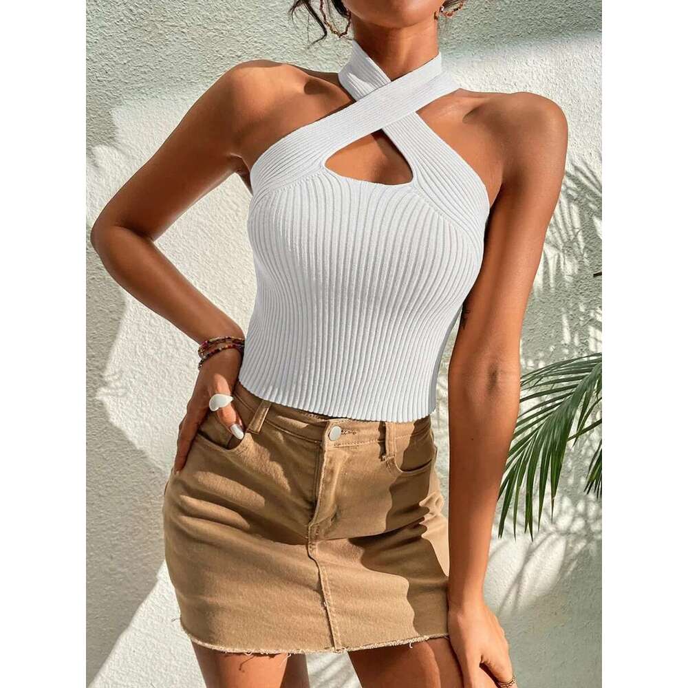 Fashion Summer Criss Cross Ribbed Knit Halter Crossfit Y2K Crop Top Clothes Femme Sexy Casual Backless Cropped Tank