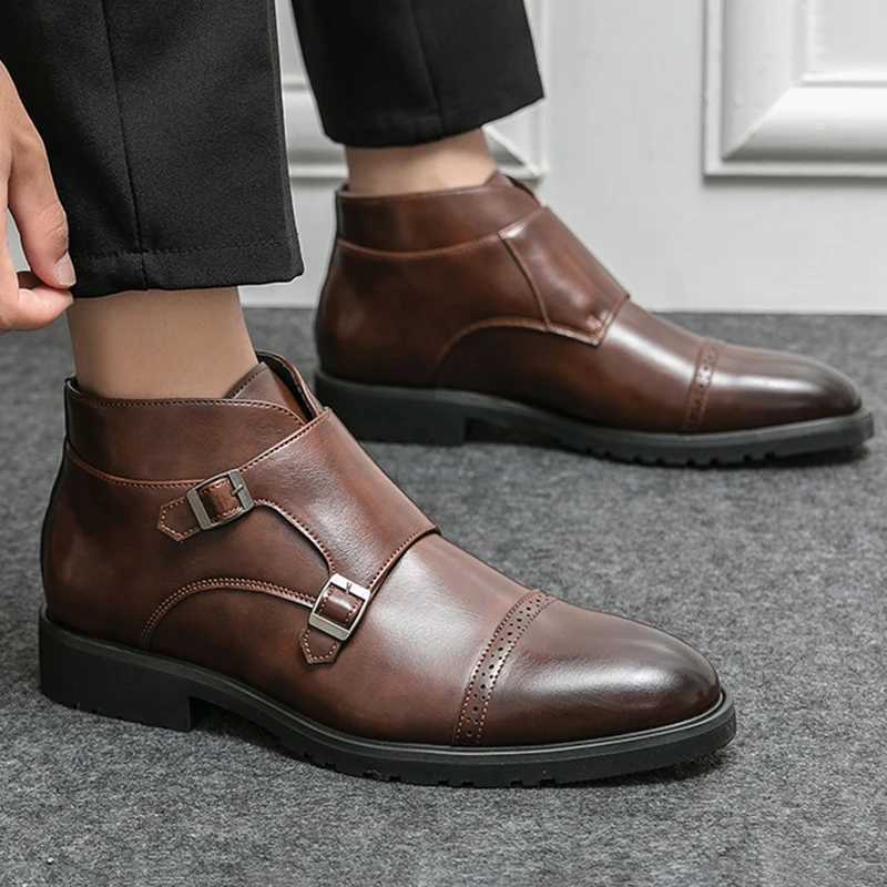 Luxury Leather Men Boots Double Buckle Slip on Pointed Toes Casual Leather Boots Men Comfortable High Top Boots Party Me Shoes Z250303