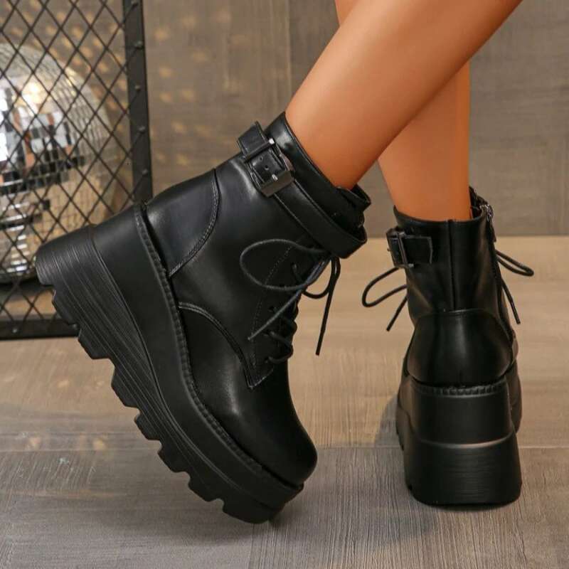 NEW Punk 2025 Style Women Lace-up heel height 9CM Platform Shoes Gothic Ankle Rock Boots Metal Decor Woman Sneakers