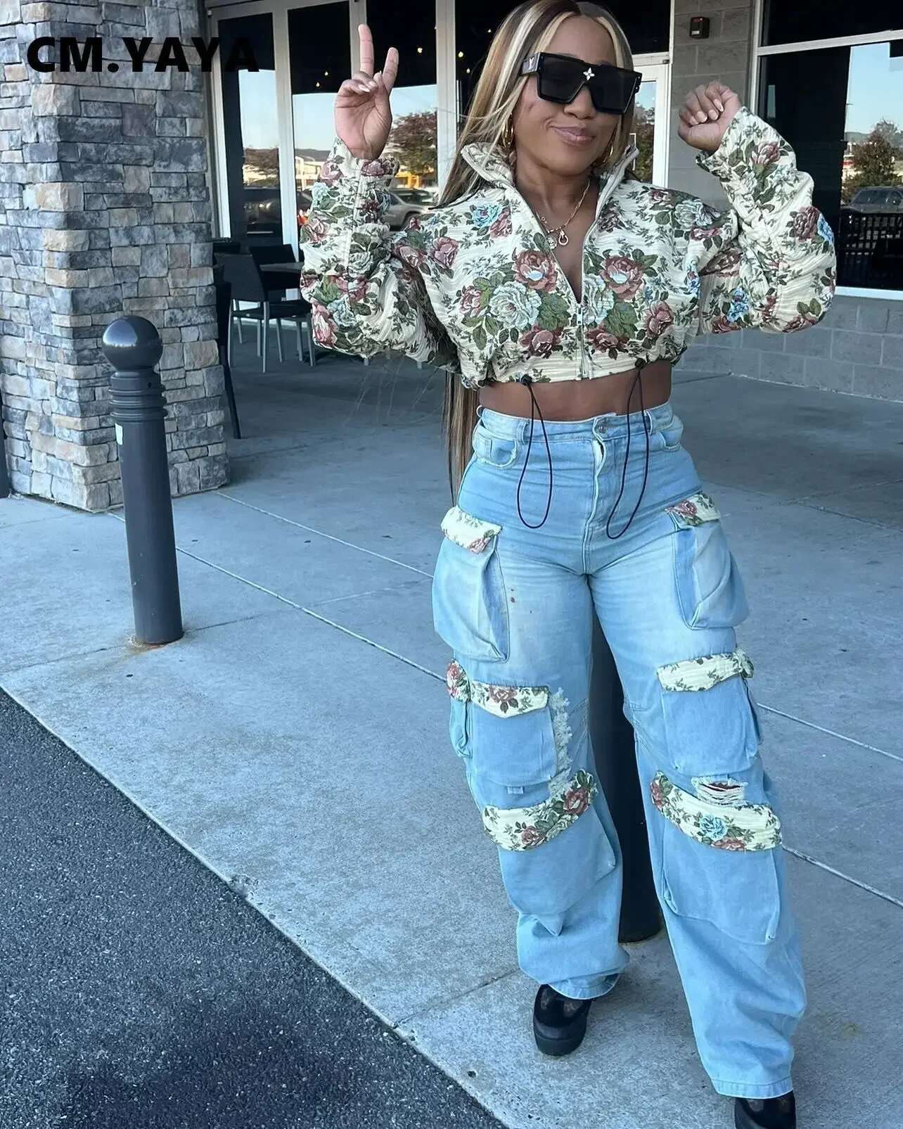 Cm.Yaya Washed Denim Women's Full Sleeve Ral Jacket And Pockets Cargo Jeans Pants Suit 2024 Street Two 2 Piece Set Outfit