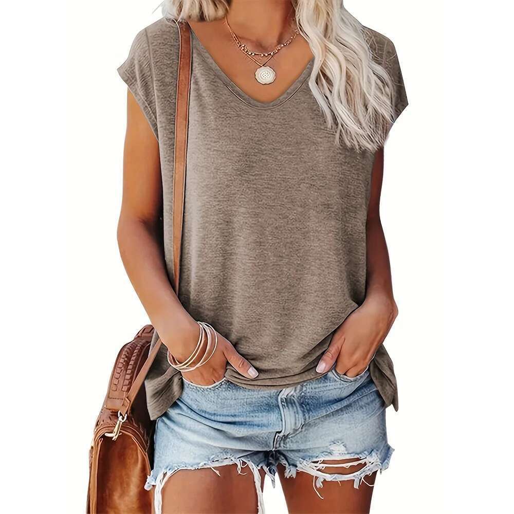 Women Solid Summer Color Loose Plus Size Short Sleeve Beach Party Tank Top Fashion V-neck T-shirt Women's Clothing 's