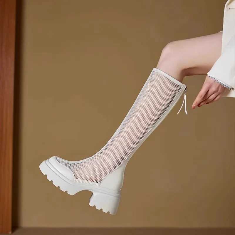 Boots Women Chunky Heel Knee-length Platform Women Female Round Toe Zipper Sandals Mesh Ladies Fashion Comfort Women Shoes Z250303