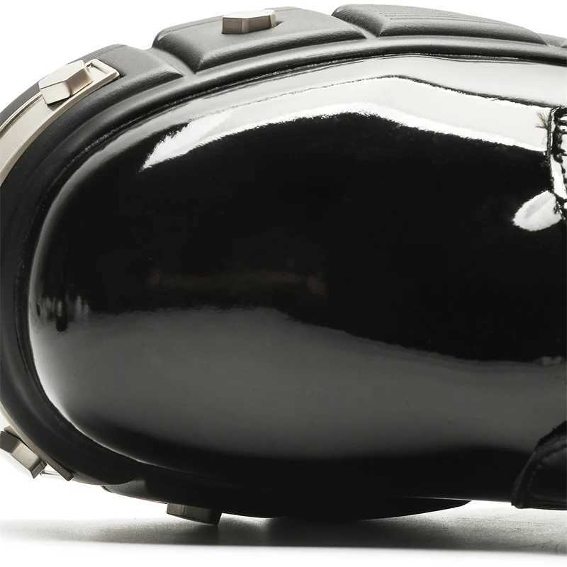 Luxury original high-quality street style black patent leather boots suitable for mens metal decorated high gain shoes Z250303