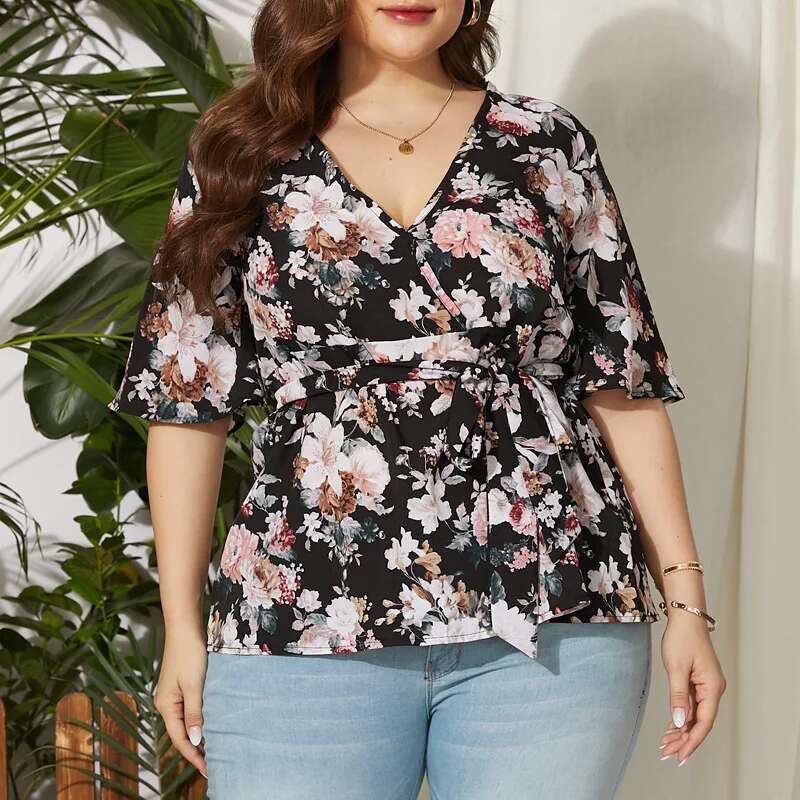 Edressu 2022 Plus Size Women Chiffon Blouse Print V Neck Shirt Tops Casual Office Lady Wear Kym-802