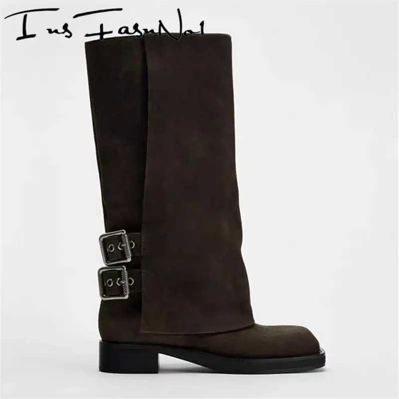 Luxury Designer Womens Knight Boots Thick Foot Platform Belt Buckle Square Toe Knee High Heels Fashionable Full Match Modern Botas Z250303