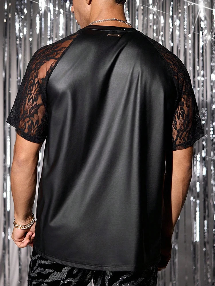 Nightclub Mens Leather T Shirts Sexy Florals Embroidery Mesh Short Sleeve T-shirt Men Spring Summer Trendy Patchwork O Neck Tee 250224