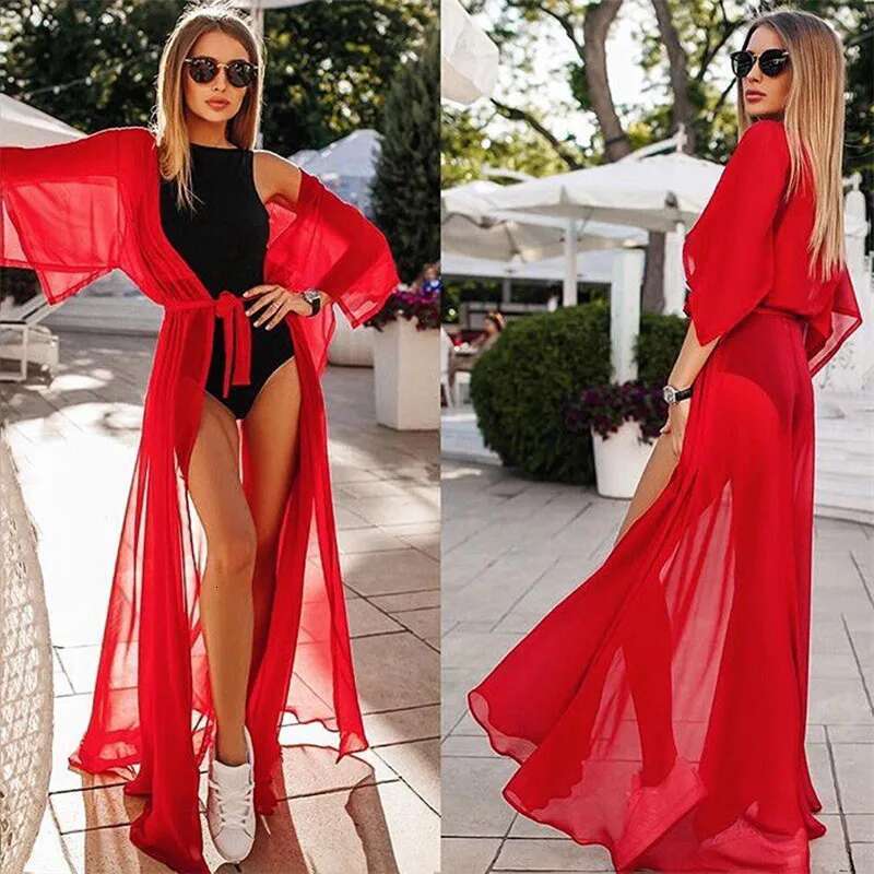 Summer Designer Women s New Sunshade Sexy Bikini 2025 Chiffon Long Solid Color Dress Women s Outdoor Swimsuit Beach Waist Coat