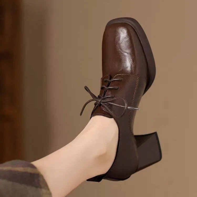 Spring 2023 Loafers Leather for Square Toe Chunky Heel Shoes Casual Black Lace-up Women New Pumps e5ac