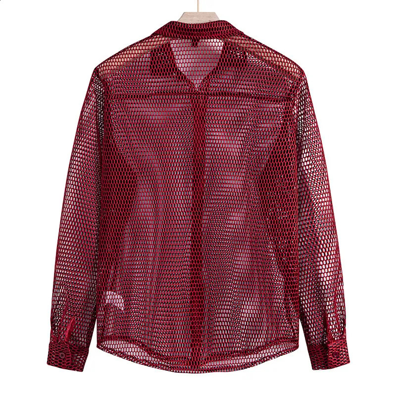 Mens Hollow Out Long Sleeve Mesh Shirt for Nightclubs Trendy SInger Stage Party Wear 250224
