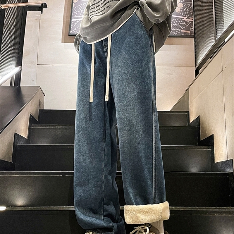 Winter Mens Jeans Korean Fashion Fleece Liner Thick Warm Straight Denim Pants Washed Cotton Retro Blue Wide Leg Jean Trousers w250210