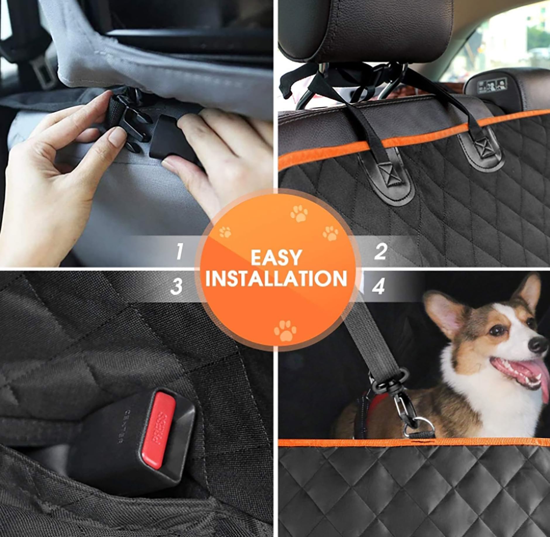 Dog Car Seat Cover for Back Seat, Waterproof Seat Protector Scratchproof Pet Hammock with 4 Bags Side Flaps