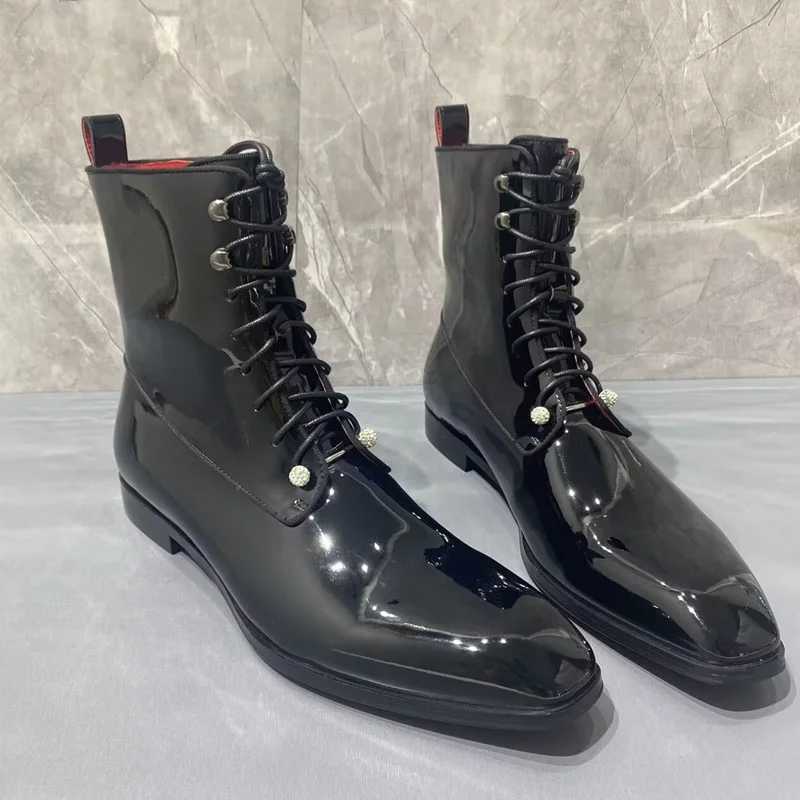 British Style Black Patent Leather Boots Mens shoes Luxury Fashion Lace-up Ankle Boots Men Dress Shoes Autumn Winter Mens Boots Z250303