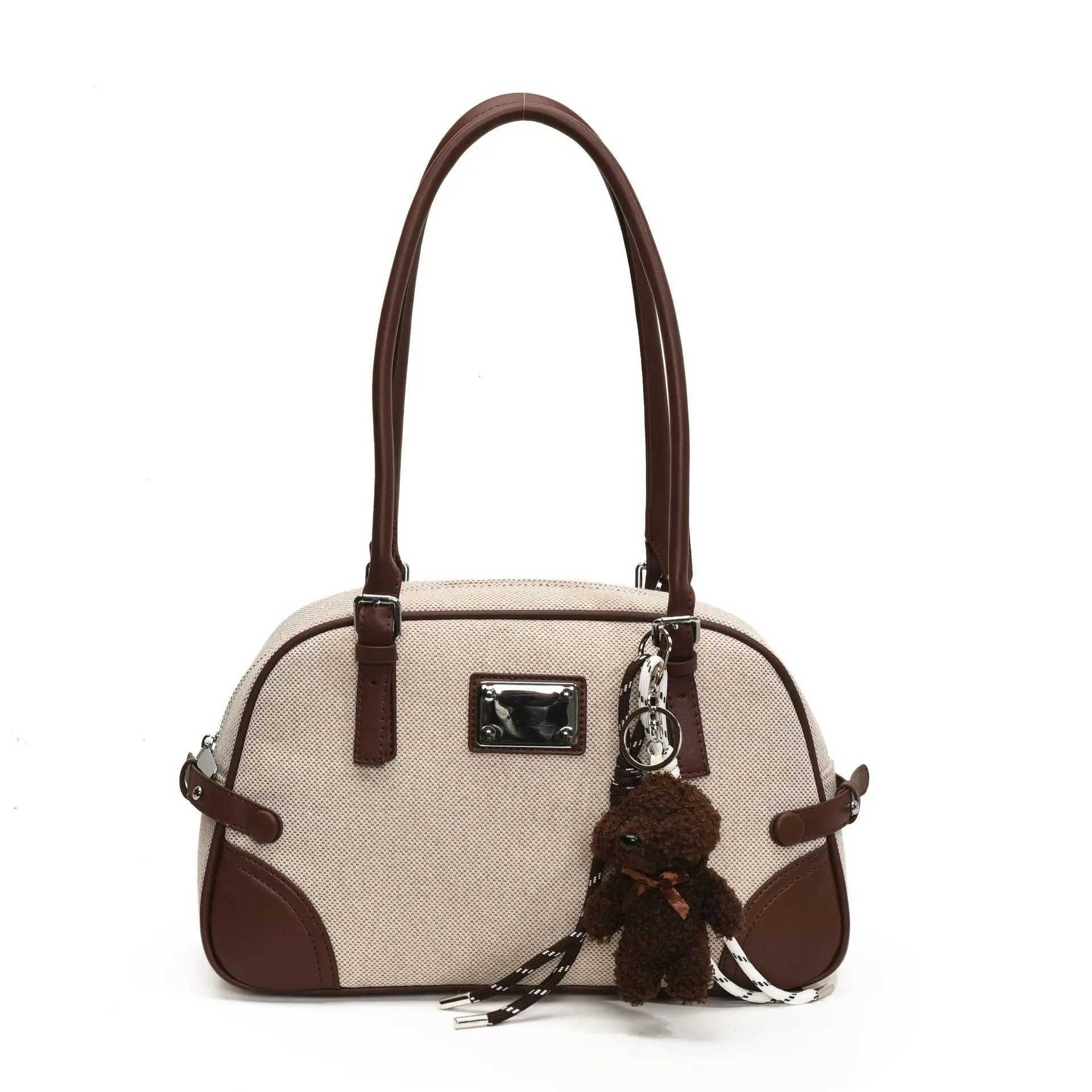 Brand Designer PU Leather and Canvas Patchwork Womens Shoulder Bag Retro Pendant Crossbody Bag Shell Handbag Y250303