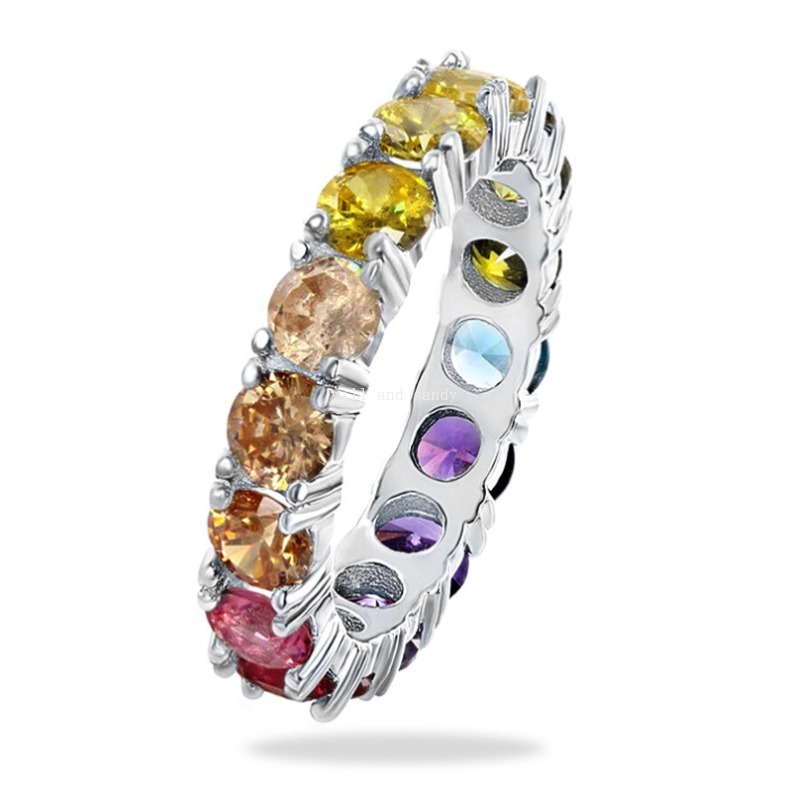 Multicolor CZ Rainbow Diamond Ring Band Charm Engagement Wedding Rings for Women Gift Fine Jewelry