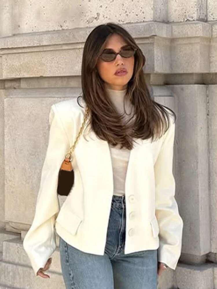 Fashion Wide Shoulder Waist-Up Suit Coat For Women Chic Single Breasted Long Sleeve Slit Jacket 2025 Spring Lady Elegant Clothes
