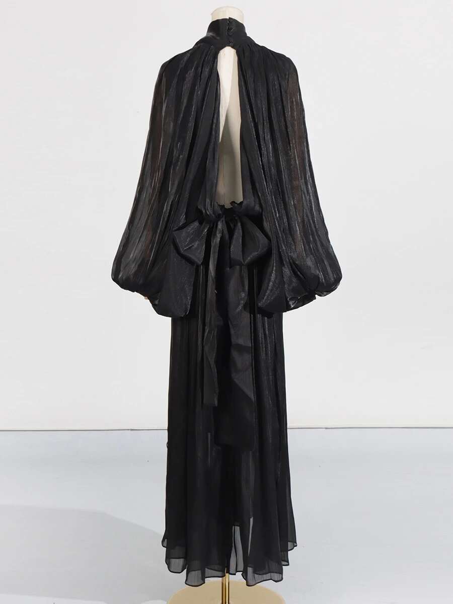 VGH Minimalist Spliced Folds Maxi Dresses For Women Scarf Collar Lantern Sleeve Loose Waist Casual Temperament Dress Female New