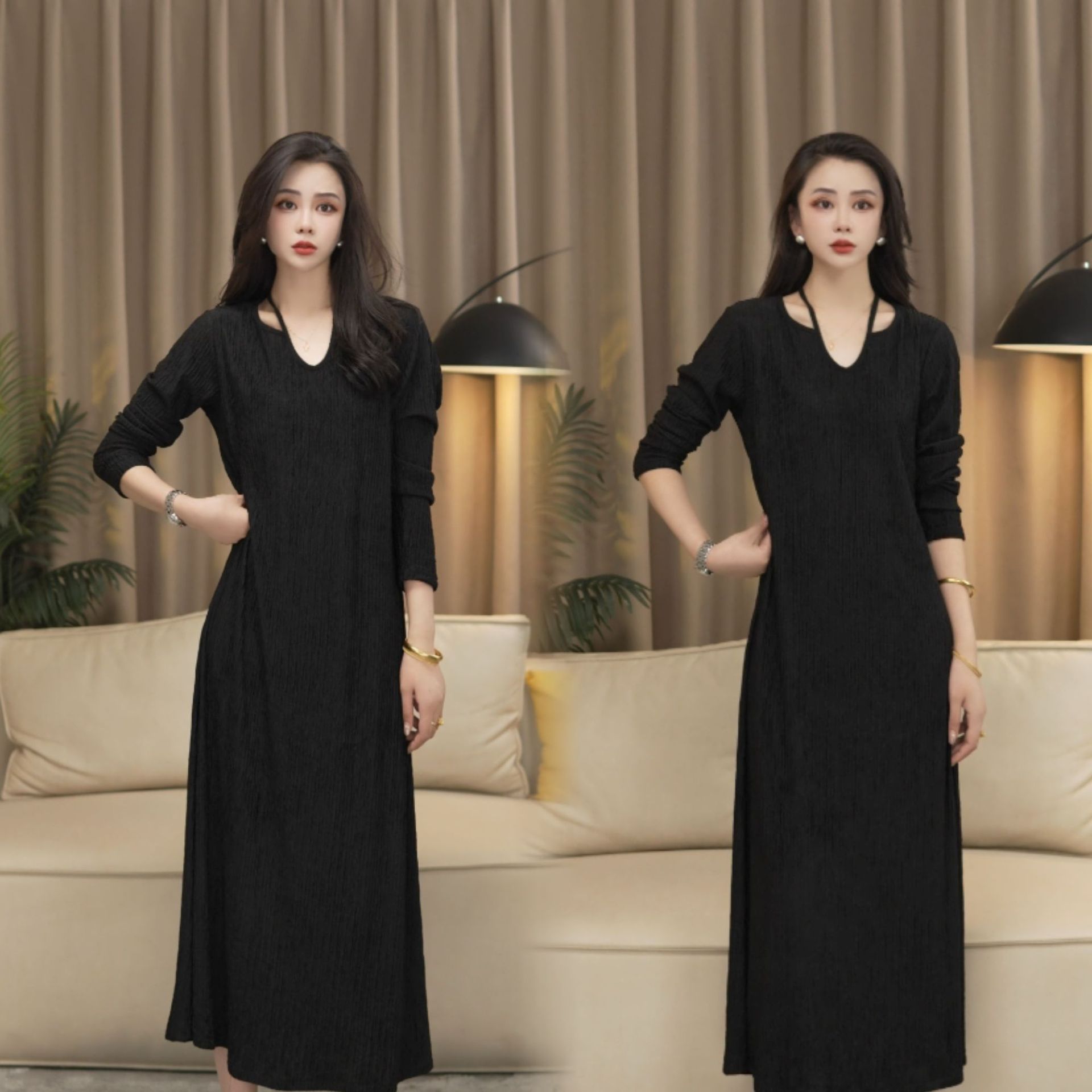 F200 New style dress for women, black, fashionable, slim, versatile, loose, long-sleeved, bottoming, temperament, halter neck dress