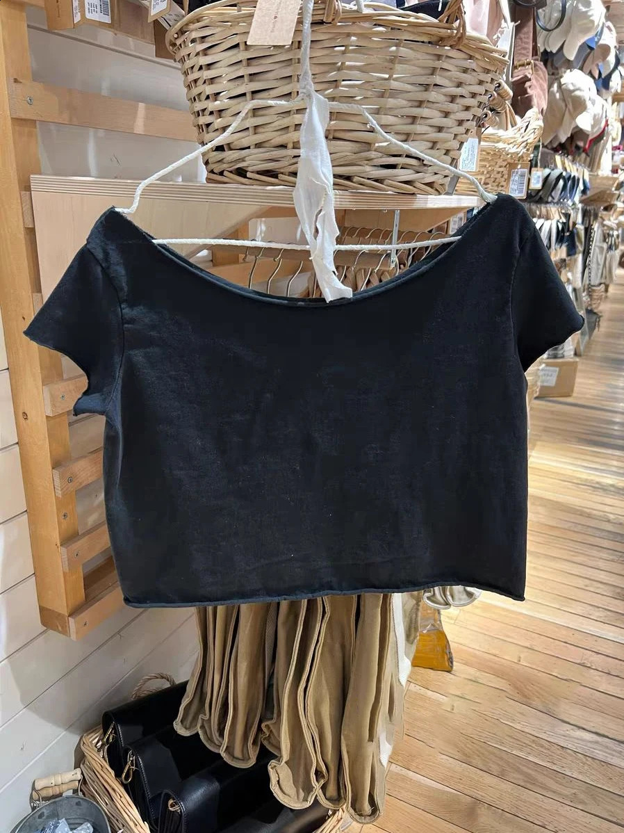 Bridge Print Loose Crop Top for Woman Summer Roll Hem Slash Neck Short Sleeve Cotton Cropped T-shirt Casual Streetwear Tee Tops 250303