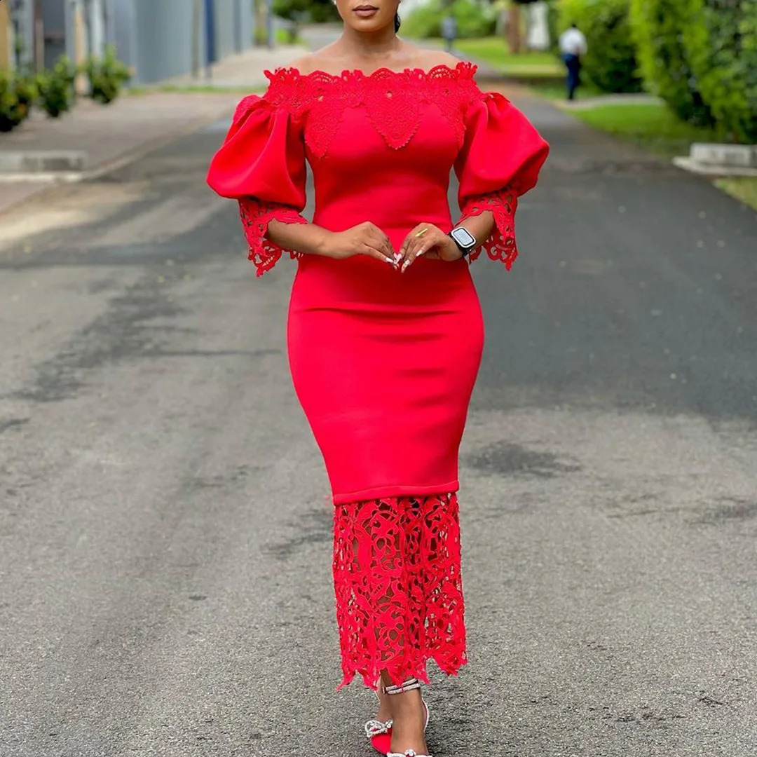 Trend Fashion Lace Midi Dress Slant Neck Short Sleeve Spliced Collar High Waist Solid Color Tight Sexy 250227Z