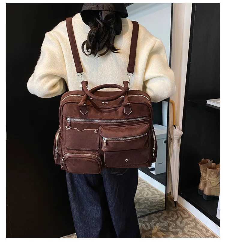 Brand Designer Faux Suede Womens backpack Retro Zipper Bucket School Bag Travel Bag 2024 Winter New Trending Y250303