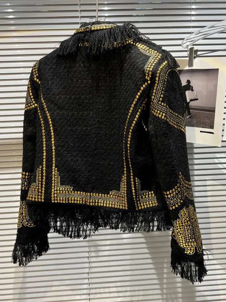 DEAT Fashion Women's Blazer Notched Collar Tweed Metal Rivet Fringed Fringe Long Sleeve Suit Jackets Autumn 2025 New 17A4338
