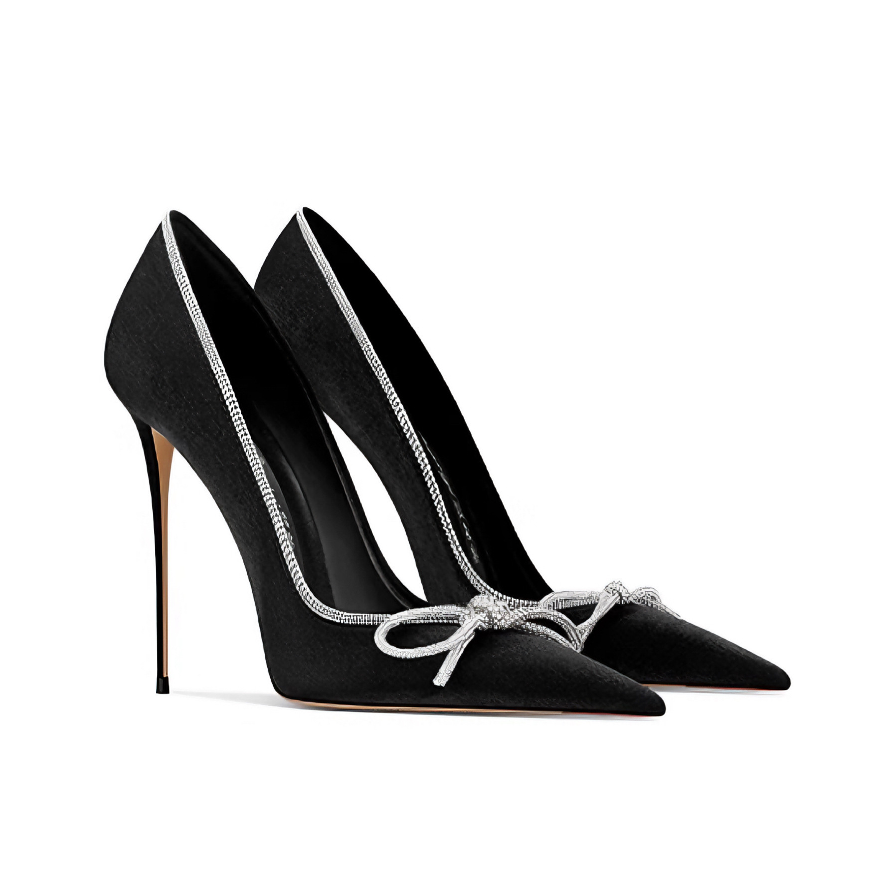 Genuine Leather Sheepskin 2024 New Black Bow Pointed Thin Heel High-Heeled Shoes For Women With Shallow Mouth, Versatile And Stylish
