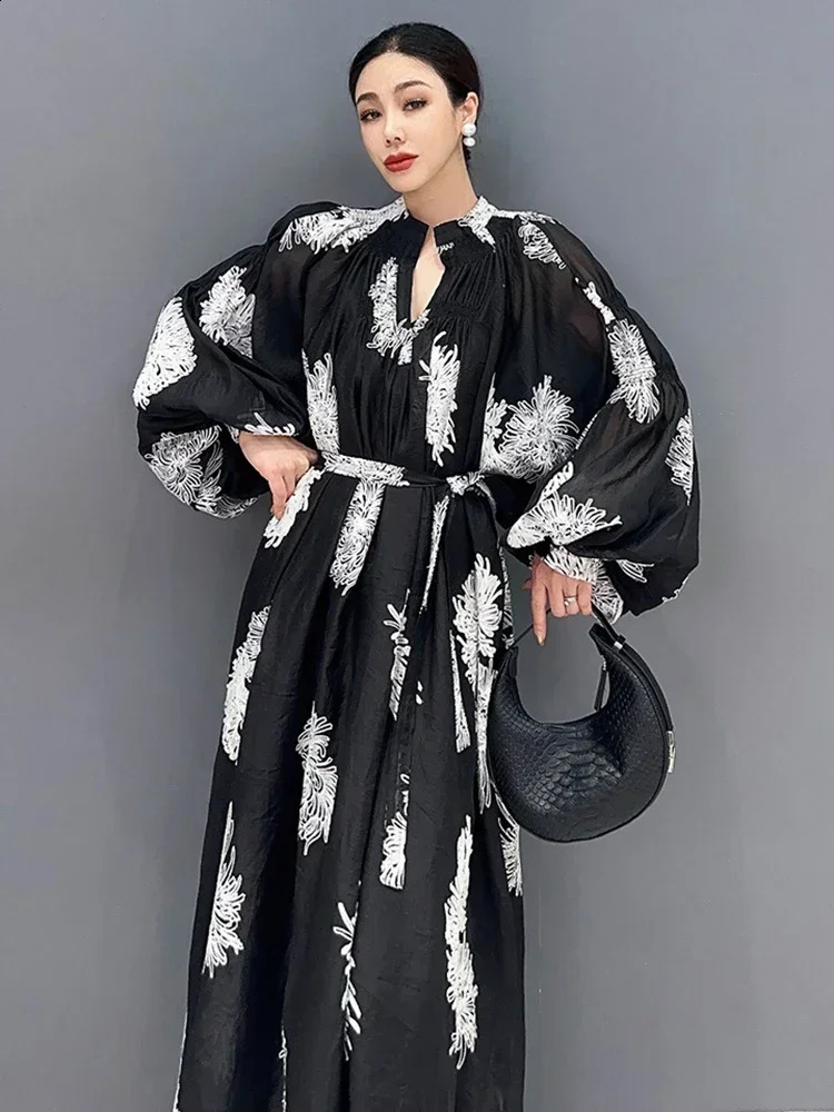 XITAO Loose Print Dress Fashion Temperament Elegant Goddess Fan Women Autumn Arrival Vneck Appear Thin HQQ1452 250228