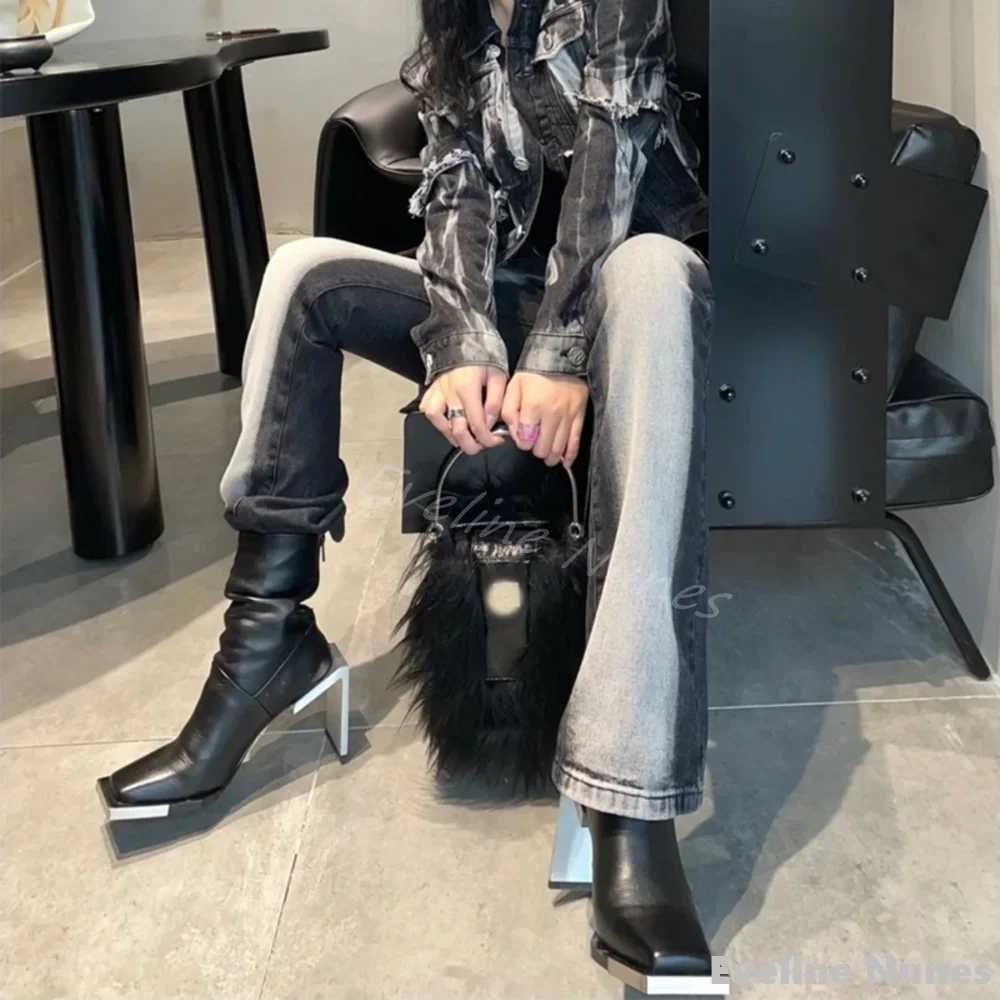 Metal Square Toe Chelsea Elastic Boots Strange Style Women Solid Genuine Leather Mid-Calf Boots 2024 winter Luxury Designer Boot Z250303