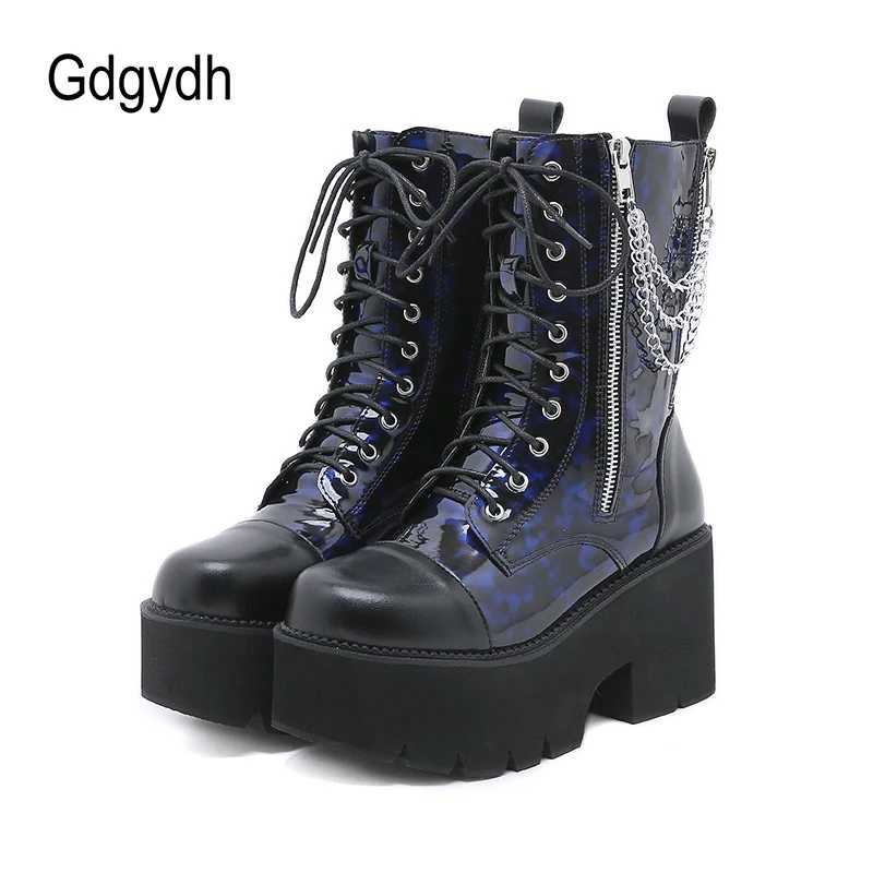 Gdgydh Blue Chunky Platform Boots Women Mid Calf Combat Boots Chains Metal Decoration Gothic Rave Shoes Cosplay Accessories Goth Z250303