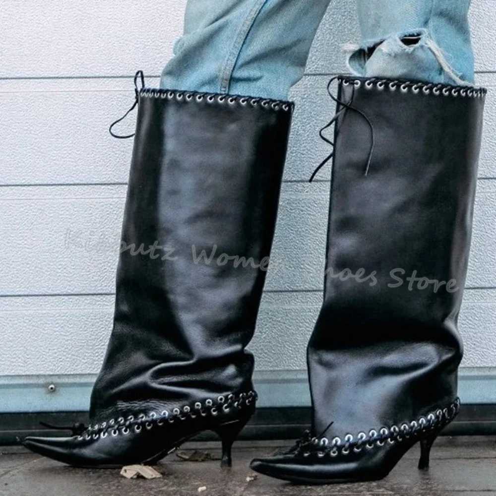 Knee High Boots Wide Lace-Up Cross Strap Genuine Leather Slip-On Luxury Concise Party Dress Women Shoes Pointed Toe Kitten Heels Z250303