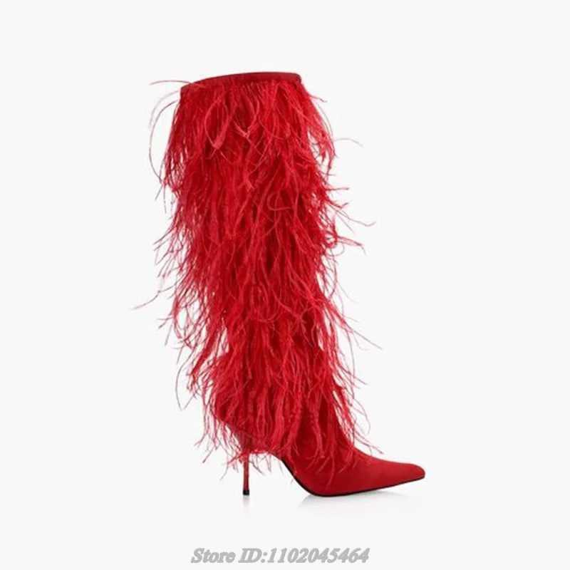 Fur Pointed Toe Pink/Blue Knee High Boots Womens Sexy Feather Colored Leather High Boots Luxury Designer Party Shoes Z250303