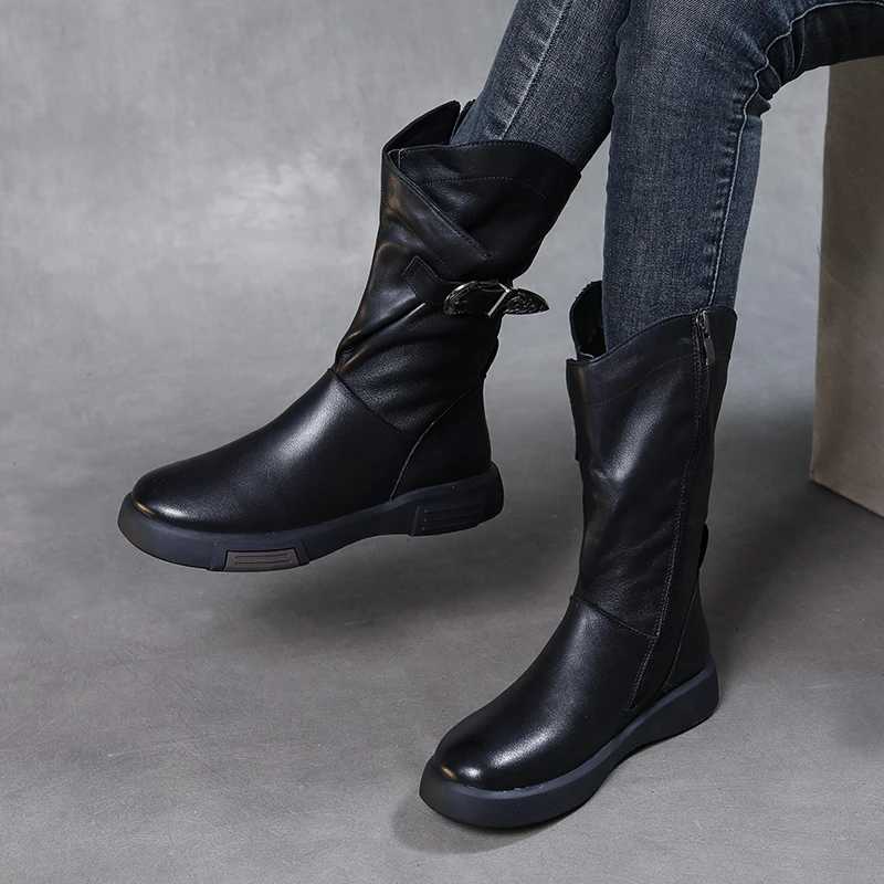 DRKANOL 2024 Luxury Design Genuine Cowboy Leather Mid calf Boots Womens Flat Side Zipper Round Toes Autumn Warm Knight Boots Z250303