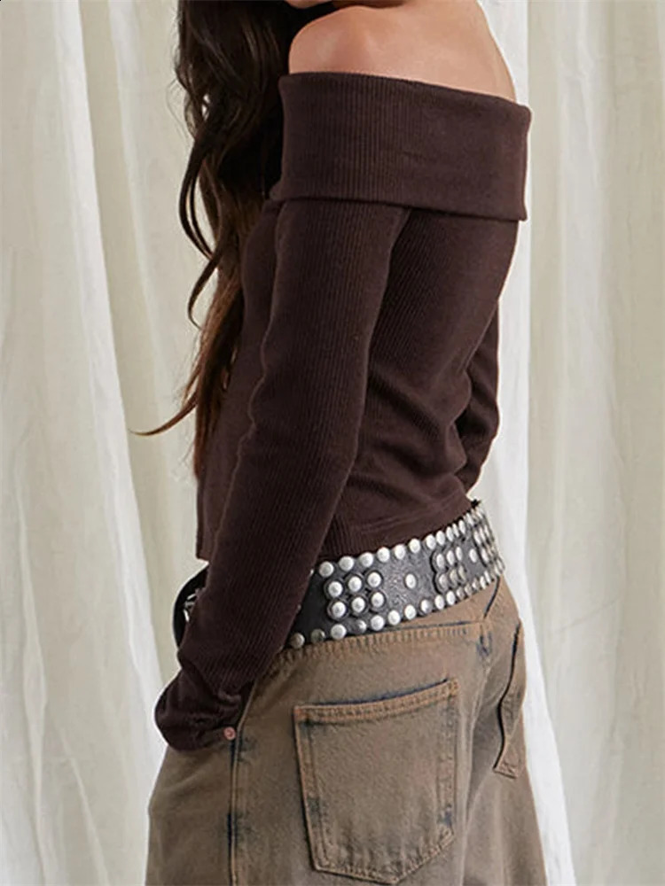 CHRONSTYLE Womens Sweaters Long Sleeve Slash Neck Offshoulder Tops Buttons Clre Solid Slim Fit Ladies Pullovers Clubwear 2025 250225