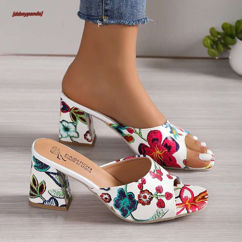 Womens Sandals Printed Summer 2024 New Thick-heeled Popular High-heeled Sexy All-match Half-slippers Open Toe Casual Basic Shoes #ddmypanda