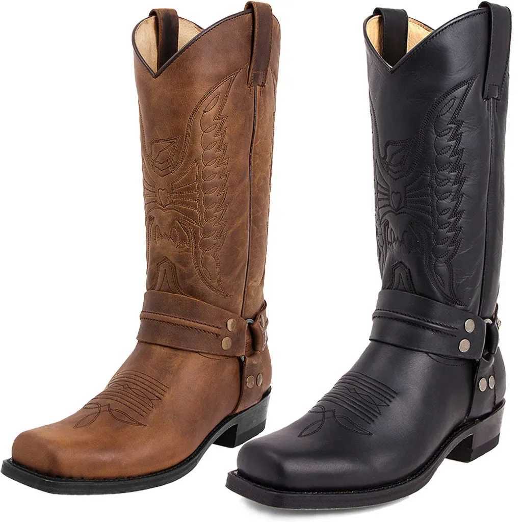 Luxury mens denim boots knight shoes leather embroidered mid heel motorcycle boots 2023 new casual western boots Botas Z250303