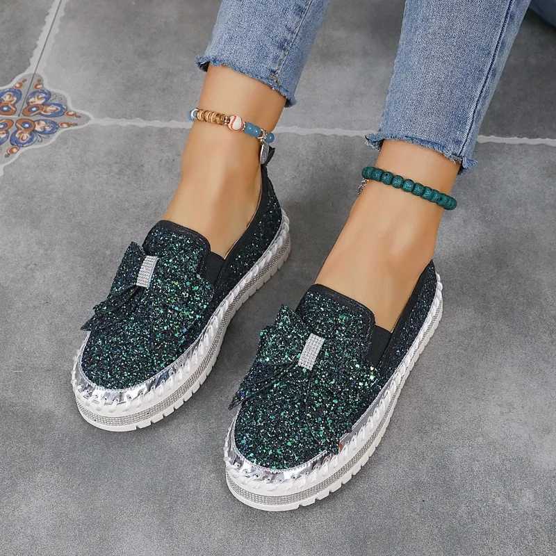 Shoes Women New Flats Sequined Sneakers Casual Women Lace-up Fine Diamond Sequins Platform Vulcanized Shoes M250303