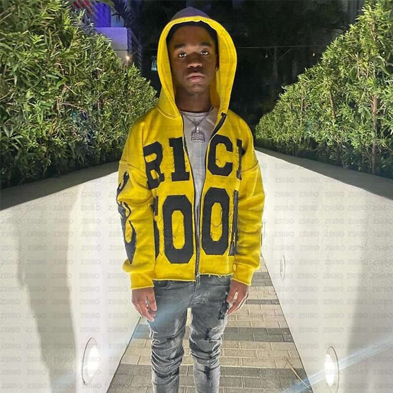 Autumn and winter letter sticker zipper cardigan casual personality trend high street hip-hop style hoodie