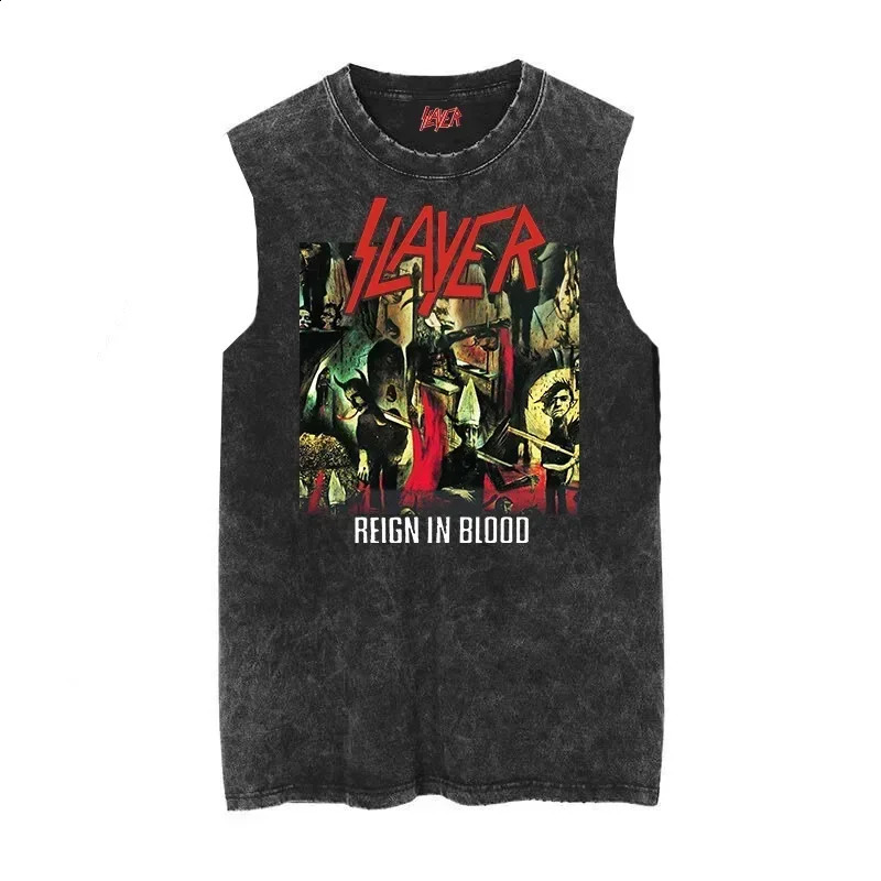 100% pure cotton slave killer band torrent metal god hate using old wash retro wax printed sleeveless T-shirt vest 250226