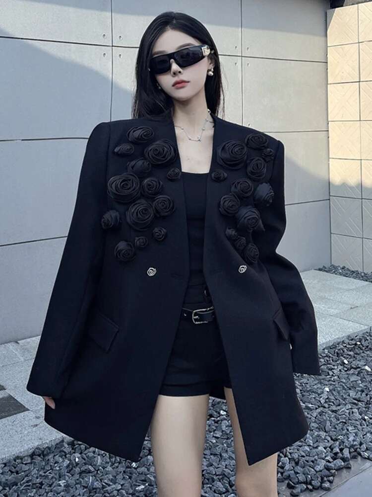 EAM Women Black Big Size 3D Roses Blazer New Lapel Long Sleeve Loose Fit Jacket Fashion Tide Spring Autumn 2025 30A3059