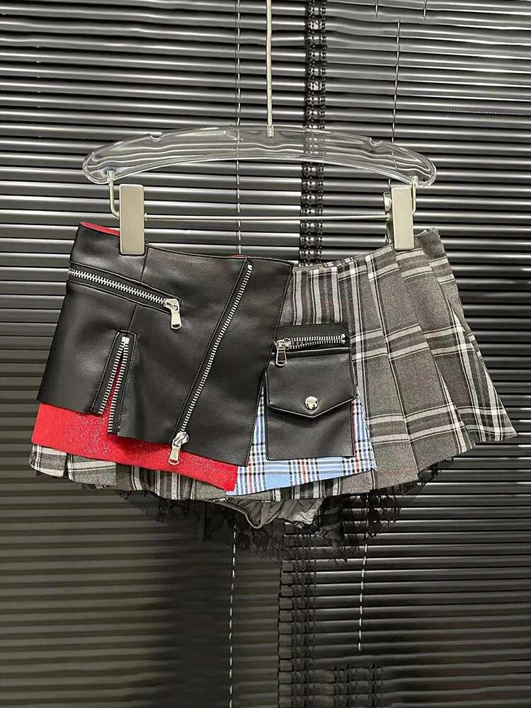 Fashion Trendy Women's Patchwork Plaid Design Pleated Mini Skirts 2024 Summer New High Waist A-E Skirt Female