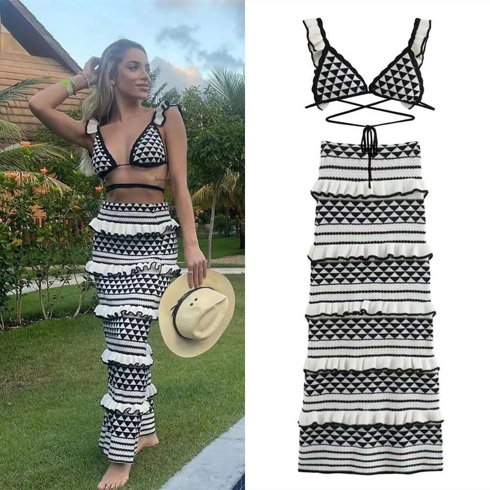 Ladies Designer s New Bohemian Striped Knitted Beach Dress Set Sexy Backless Slim Fit 2025 Dress With Ruffled Edges Beach Vacation Two piece Set
