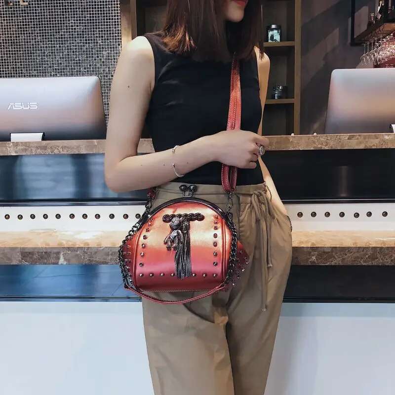 Rivet Metal Fringe Dia Women Shoulder Trend Stylish Chic Cartoon Pendant Crossbody Bag PU Leather Chain Female Handbag
