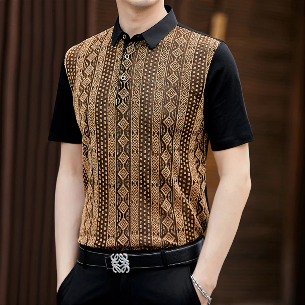 Contrast Color Striped Polo Shirts For Men Short Sleeve High-End Summer Quality Soft Comfortable Hollow Silky er Shirts 250226