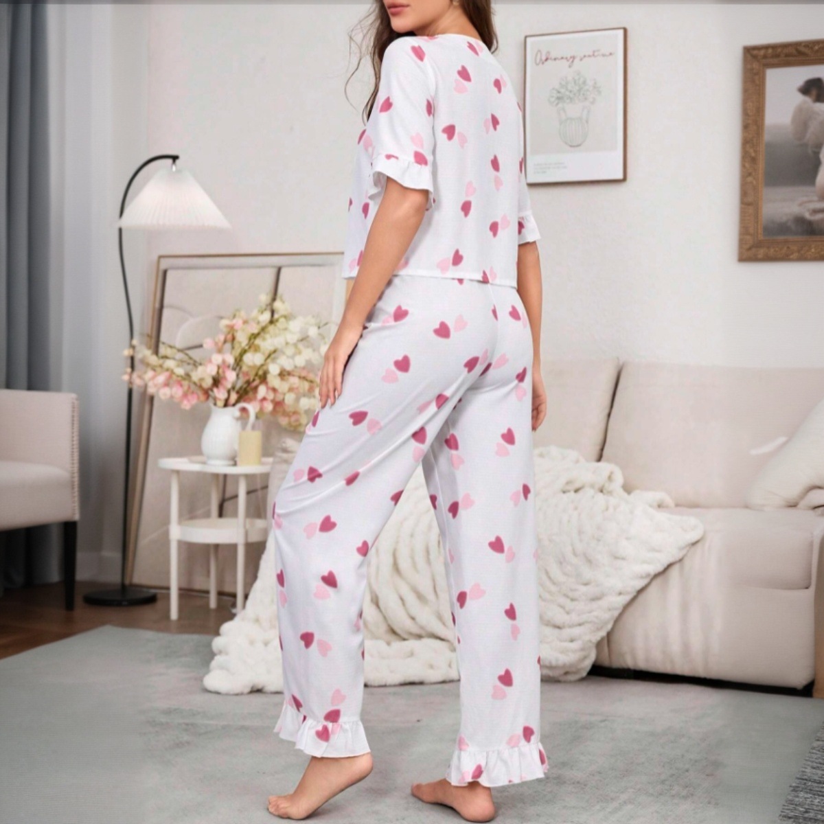 B745-Thin chiffon women's home clothes spring and autumn tie-up long trousers heart print simple ladies pajamas