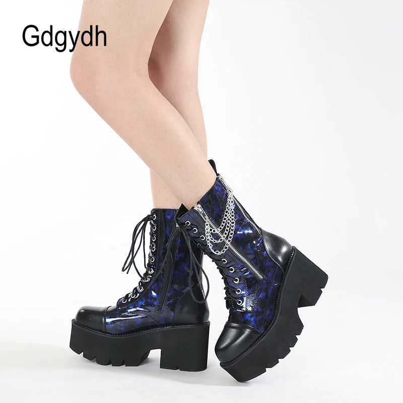 Gdgydh Blue Chunky Platform Boots Women Mid Calf Combat Boots Chains Metal Decoration Gothic Rave Shoes Cosplay Accessories Goth Z250303