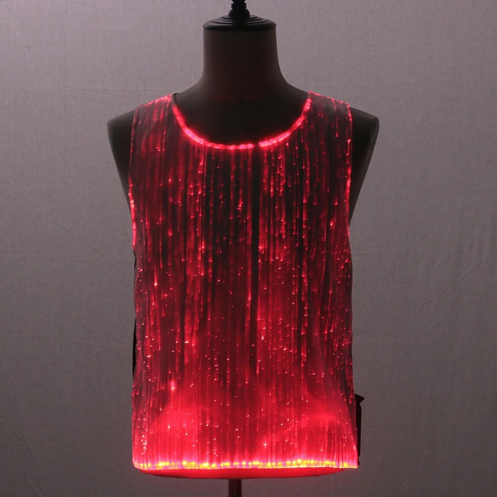 Summer Men Colorful LED Luminous Night Club T Shirts Y2K High Street Sleeveless Vest Optical Fiber Fabric Patchwork Tops 250226