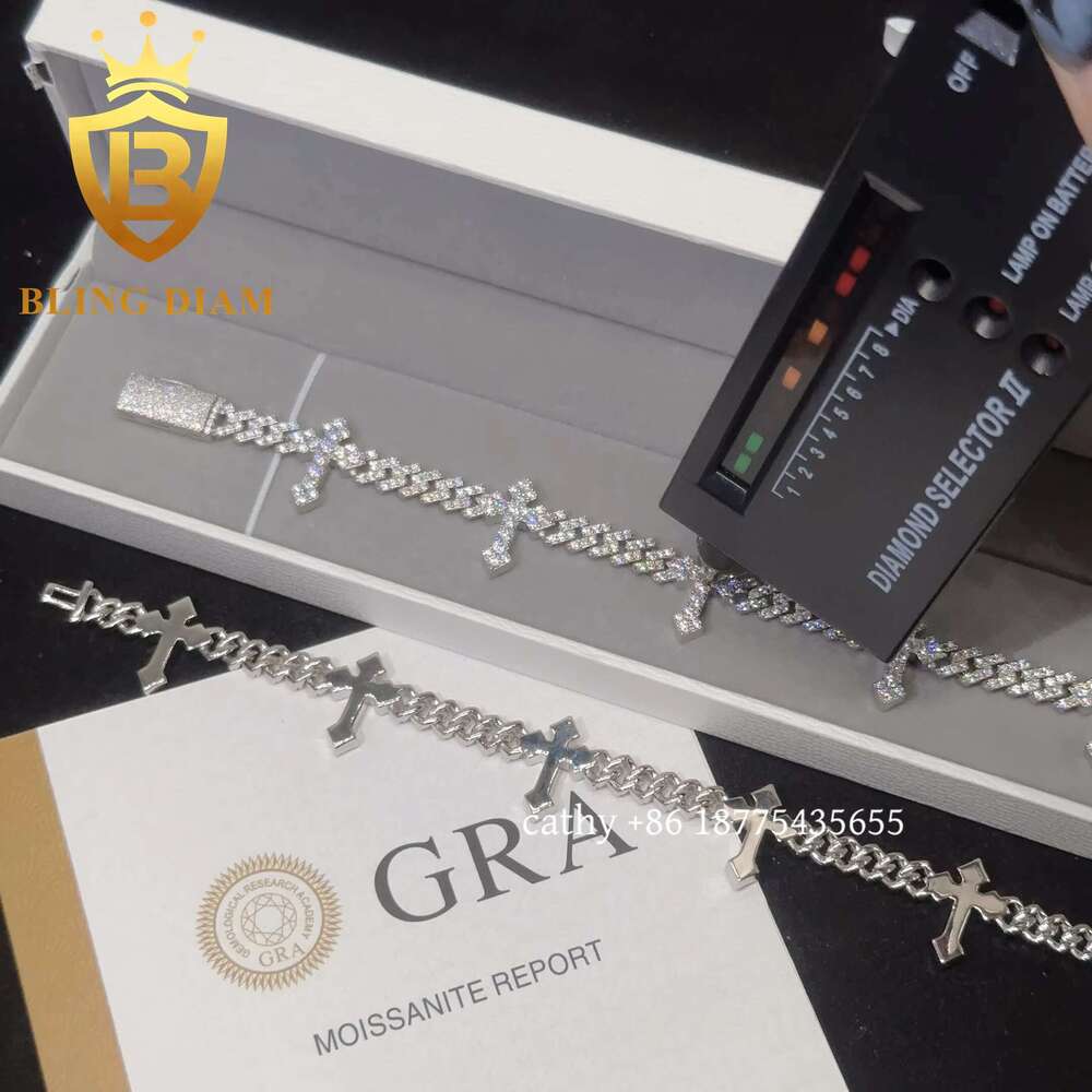 Solid Sier 6Mm Hip Hop For Men Women Fashion Moissanite Cross Cuban K Chain Bracelet