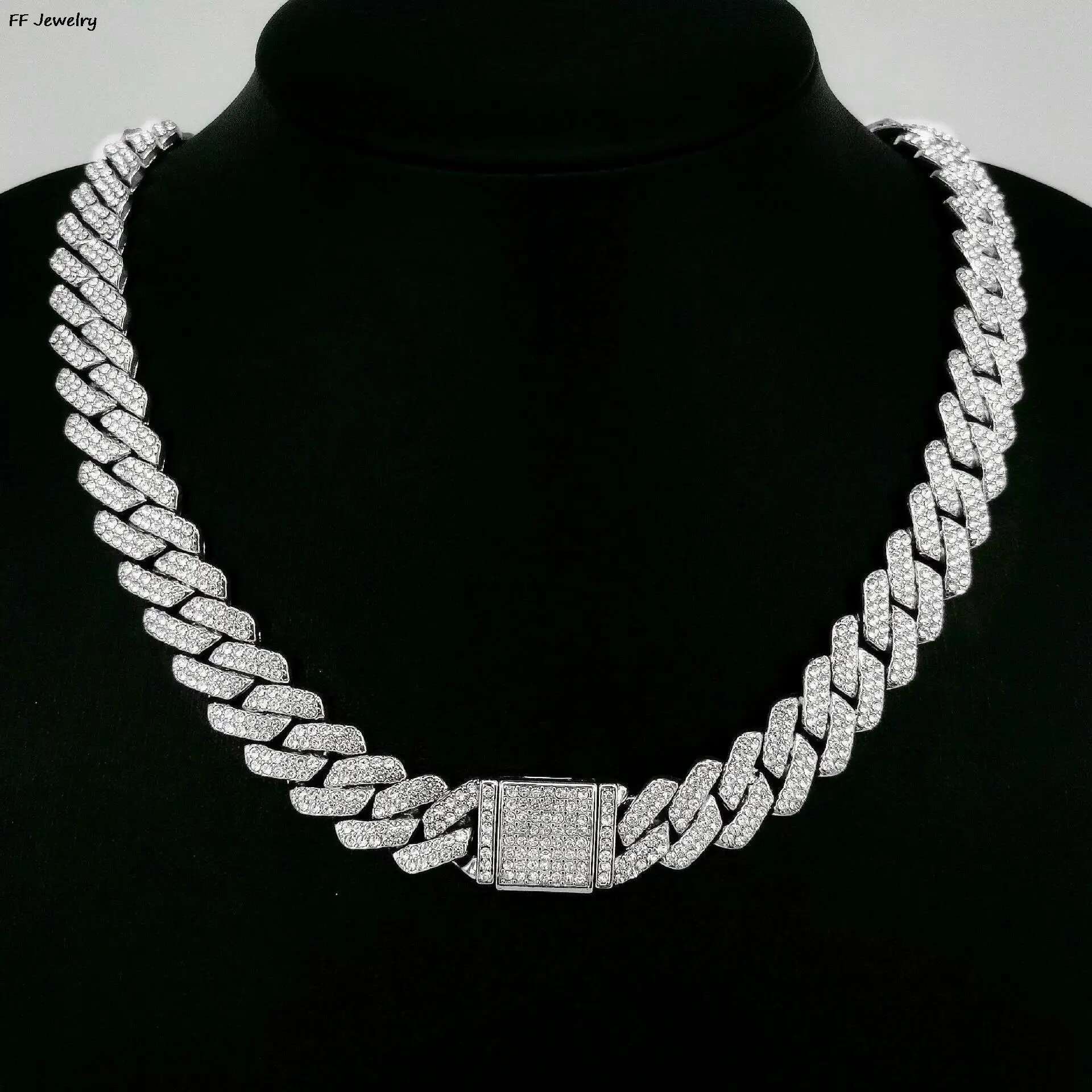 15mm Cuban k Chain For Men Siery/Golden Iced Out Rhie Miami Necklace Choker for Women with Box Clasp Hip Hop A+++