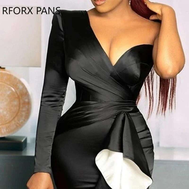 Women Solid Elegant Cascading Ruffles One Shoulder High Silt Maxi Bodycon Formal Party Sexy Black Dress